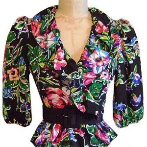 Trashy Diva Retro Floral Silk Dynasty Blouse with 2 belts